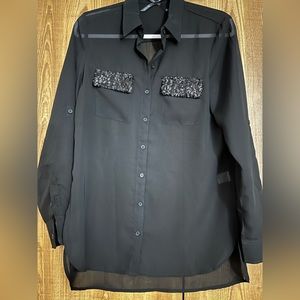 Black sheer blouse with sequined details in the front